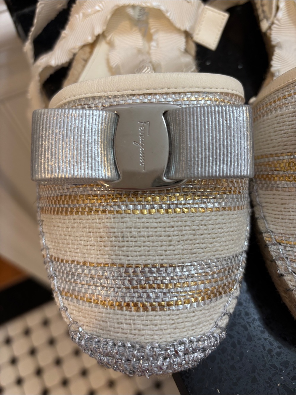 NWOT Salvatore Ferragamo Cream and Silver Ribbon Espadrille Wedges - Picture 2 of 9